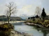 Josef Burger, PEJZAŻ Z RZEKĄ, olej, płótno