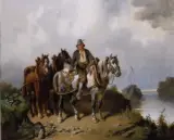 Adolf van der Venne, JEŹDZIEC I KONIE NA BRZEGU RZEKI, 1877, olej, płótno