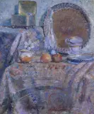 Stanisław Szczepański, MARTWA NATURA ZE SREBRNĄ CUKIERNICĄ, 1945, olej, płótno