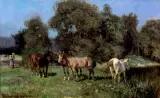 Fritz van der Venne, Konie na pastwisku, ok. 1920, olej, karton naklejony na sklejkę
