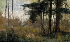 August Dressel, Pejzaż leśny, olej, tektura