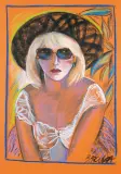 BLONDYNKA W KAPELUSZU by Hanna Bakuła, pastel, karton, sold Nov 2002