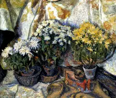 Jan Świderski, CHRYZANTEMY Z ZABAWKĄ, olej, płótno