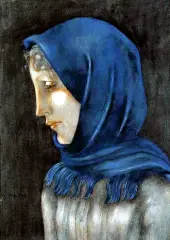 Eugeniusz Zak, Kobieta w błękitnej chuście, po 1913, tempera, kredka, tektura