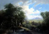 Jakob Burgaritzky, Pejzaż z mostkiem, olej, płótno