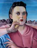 Henryk Stażewski, Portret kobiety na tle miasteczka, 1941, tempera, tektura