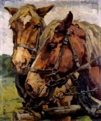 Herman Prediger, Konie pociągowe, przed 1939, olej, dykta