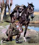 Opatrunek by Wojciech Kossak, 1926, olej, płótno naklejone na tekturę, sold Mar 2002