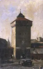 Stanisław Fabijański, BRAMA FLORIAŃSKA I TRAMWAJ KONNY, olej, płótno