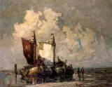Rudolf Priebe, KUTRY PRZY BRZEGU, olej, tektura