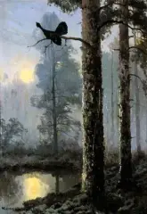 Głuszec by Wiktor Korecki, olej, tektura, sold Dec 2001