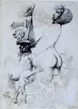 SCIANCIA OMNI PRESTE by Jan Lebensztejn, 1962, długopis czarny, tusz pędzel, odcisk, papier, sold Nov 2001