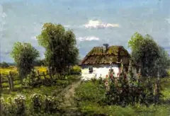Wiktor Korecki, Malwy przed chatą, po 1950, akryl, tektura