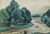 WEZBRANA RZEKA, MOTYW Z BYSTREJ by Julian Fałat, 1918, akwarela, karton, sold Oct 2001