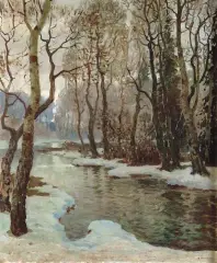 Przedwiośnie by Konstanty Mackiewicz, olej, tektura, sold Oct 2001