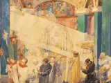 Józef Mehoffer, W kościele, akwarela, papier