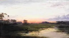 Emilian Jasiński, Pejzaż nadwodny o zachodzie słońca, olej, deska