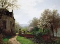 Hermann Pohle, Przy fontannie w parku, po 1870, olej, płótno