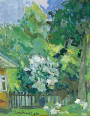Widok wiosenny by Jan Hrynkowski, olej, tektura, sold Apr 2001