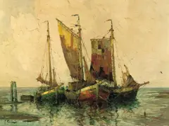 Rudolf Priebe, Kutry żaglowe na redzie, olej, płótno