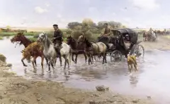 Alfred Wierusz-Kowalski, Przeprawa przez rzekę, olej, płótno