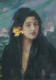 Dziewczyna w mantylce by Teodor Axentowicz, pastel, akwarela, papier, sold Mar 2001
