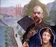 Jacek Malczewski, Autoportret na tle dworku w Wielgiem, olej, tektura