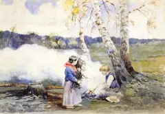 Przy ognisku by Józef Rapacki, akwarela, karton, sold Jun 2000