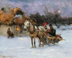 Alfred Wierusz-Kowalski, W zimowy wieczór, olej, deska