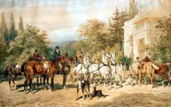 Juliusz Kossak, Przed pałacem w Krzeszowicach, akwarela, papier
