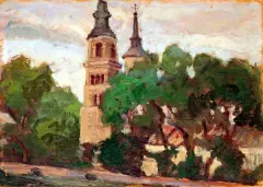 Karol Biske, Kościół w Tumie pod Łęczycą, olej, deska