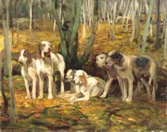 Alfred Wierusz-Kowalski, Psy myśliwskie, olej, tektura