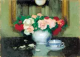 Martwa natura z bukietem róż by Alfons Karpiński, olej, tektura, sold Mar 1999