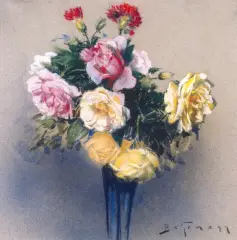 Bukiet róż i goździków by Adolf Behrman, pastel, papier, offered Oct 1998