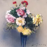 Adolf Behrman, Bukiet róż i goździków, pastel, papier