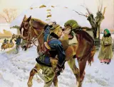 Wsiadanie - Odjazd ułanów z wioski by Wojciech Kossak, olej, płótno, sold Oct 1998