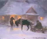 Józef Ryszkiewicz, W zimowy wieczór przed dworem, olej, płótno