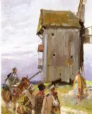Spotkanie przy wiatraku by Wojciech Kossak, olej, karton, offered Mar 1998