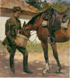 Pojenie konia by Wojciech Kossak, olej, płótno, sold Dec 1997