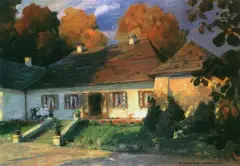Jesienią przed dworkiem by Bronisława Rychter-Janowska, olej, tektura, sold Oct 1997