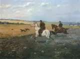 Karol Wierusz-Kowalski, W pogoni za szarakiem, olej, sklejka
