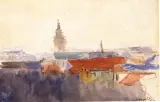 Leon Wyczółkowski, Dachy i wieże Krakowa, akwarela, papier