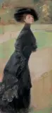 Teodor Axentowicz, Z PARASOLKĄ PO PARKU - JESIEŃ, pastel, karton