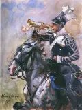 Trębacz II Pułku Ułanów by Wojciech Kossak, olej, tektura, sold Dec 1996