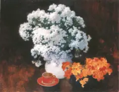 Michałki i nasturcje by Alfons Karpiński, olej, tektura, sold Oct 1996