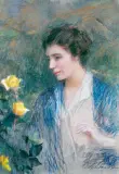 Portret z żółtymi różami by Teodor Axentowicz, pastel, karton, sold Oct 1996