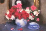 Martwa natura z bukietem róż by Alfons Karpiński, olej, tektura, sold Jun 1996