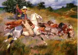 Na stepach kalifornijskich by Jerzy Kossak, olej, tektura, sold Mar 1996