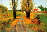 Dworek jesienią by Bronisława Rychter-Janowska, olej, sklejka, sold Dec 1995