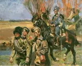 Ułan prowadzący jeńców rosyjskich by Wojciech Kossak, olej, tektura, sold Oct 1995